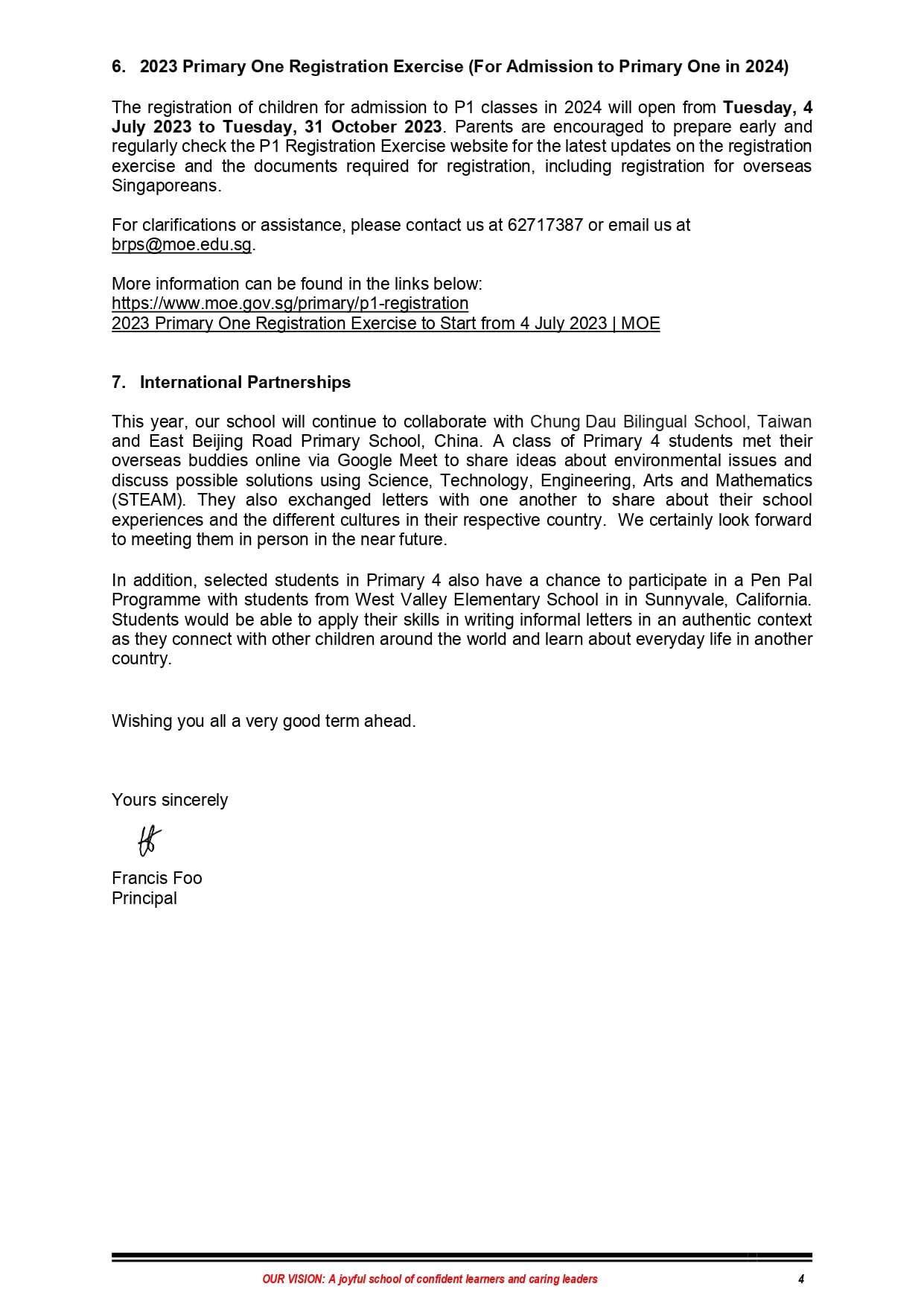 Printed school letter page 4 signed by Principal Francis Foo, covering P1 registration and international partnerships.